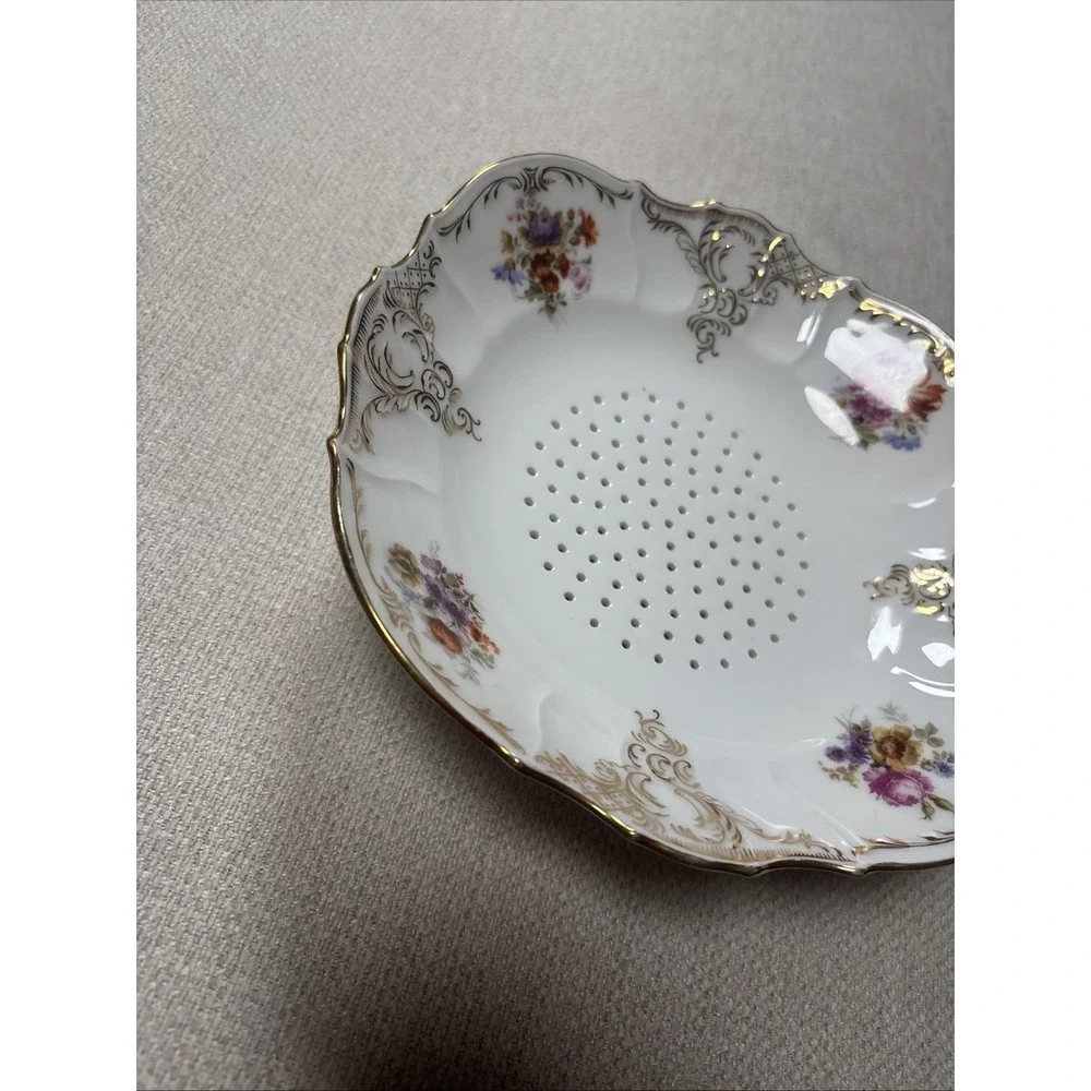 Antique Saxe Porcelain Berry Bowl Strainer Colander Footed Floral Gold